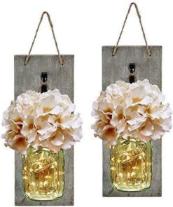HABOM Rustic Mason Jar Wall Decor Sconces - Decorative Home Lighted Country House Hanging with LED Fairy Strip Lights and Flowers Hydrangea Farmhouse Sconce Jars (Set of 2)
